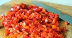 Then finely chop the peppers or chop with a combine. Put in a bowl with other ingredients.