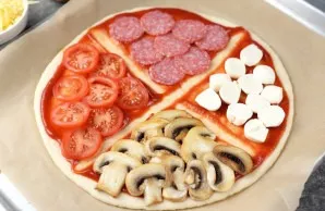 Place mozzarella and tomatoes on the other two sides. If desired, tomatoes can be replaced with zucchini or any other vegetables.