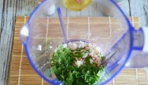 Put cottage cheese, crab sticks, herbs, and garlic in a blender bowl. Crush and salt to taste.