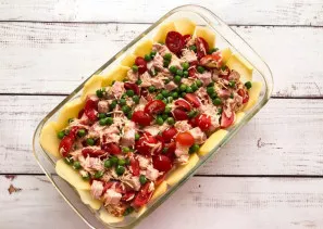 Put the filling on the potatoes and send it to the oven heated to 180 degrees for 25-30 minutes.