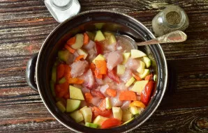 Pour a little water. Put the pan with vegetables on the fire. Simmer the stew over medium heat until the meat and all the vegetables are ...