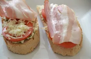 The second option (it will be a hot sandwich): a baguette, a mixture of cheese, a slice of tomato, grated cheese (without mayonnaise), a ...