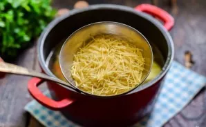 At the end of cooking add salt, pepper, vermicelli, boil for 3-4 minutes and turn off the fire. Soup with smoked meats and vermicelli is ...