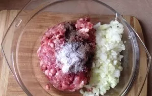 We prepare the filling. Mix the minced meat, add chopped onion, pepper and two pinches of salt.