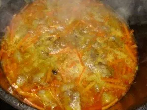 And now add about one and a half to two glasses of hot water, a teaspoon of salt. Let simmer for 15-20 minutes after covering over medium...