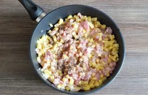 Put chopped chicken and potatoes in a pan with fried onions. Season with salt, add black pepper to taste. Stir. The filling will be ready.