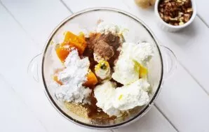 Add cottage cheese, nutmeg, starch, beat two eggs.