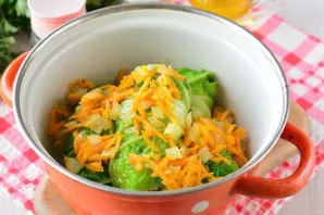 Put the pigeons in a saucepan, sprinkle with the remaining fried vegetables.