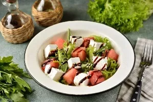 Watermelon salad with feta and rukola