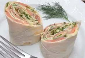 Lavash with cheese, salmon and herbs