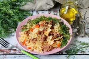 Pasta with stew, tomatoes and onions