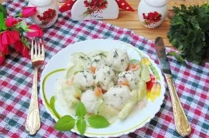 Chicken dumplings with zucchini in white sauce